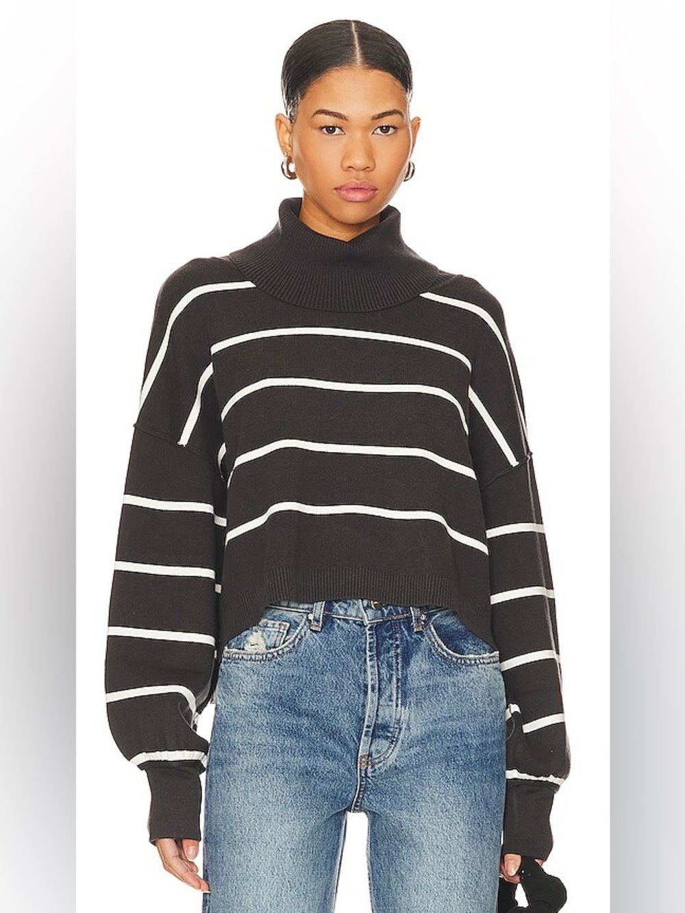 Free People Sweater Women’s M Paulie Stripe Turtleneck Black White Oversized
